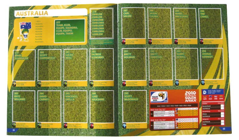 Panini Checkliste WM 2010 Australien ohne Sticker