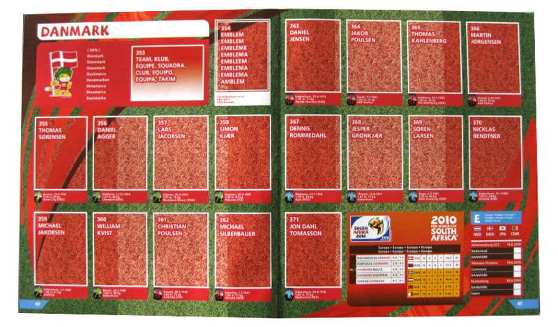Panini Checkliste WM 2010 Dänemark ohne Sticker