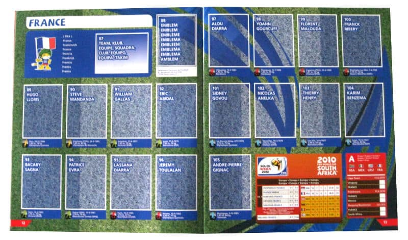 Panini Checkliste WM 2010 Frankreich ohne Sticker