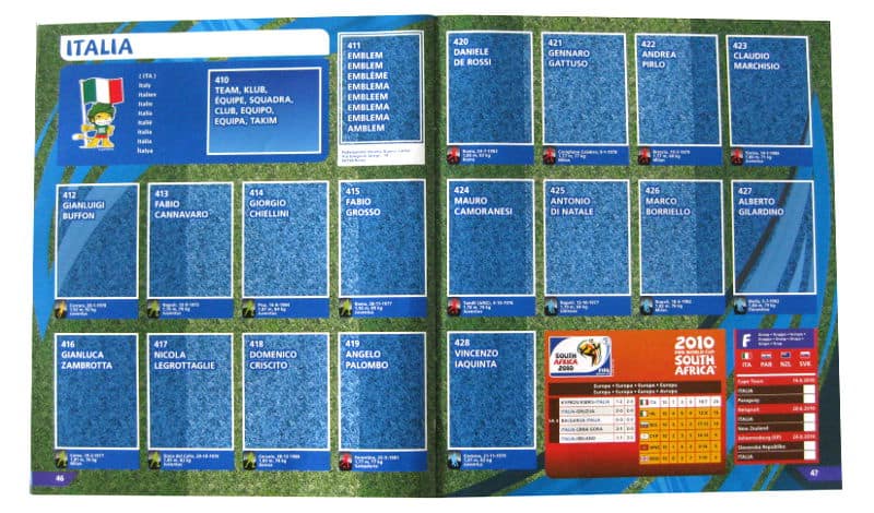 Panini Checkliste WM 2010 Italien ohne Sticker