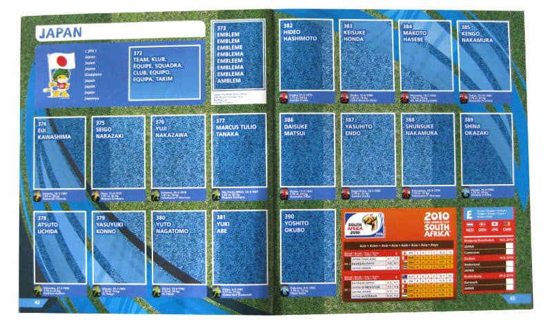 Panini Checkliste WM 2010 Japan ohne Sticker