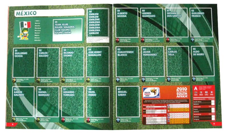 Panini Checkliste WM 2010 Mexiko ohne Sticker