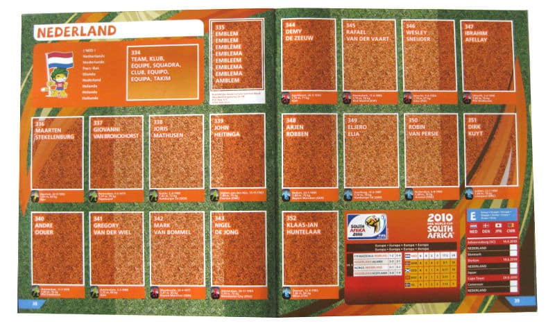 Panini Checkliste WM 2010 Niederlande ohne Sticker
