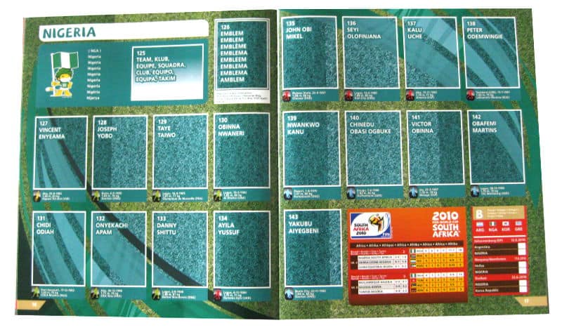 Panini Checkliste WM 2010 Nigeria ohne Sticker