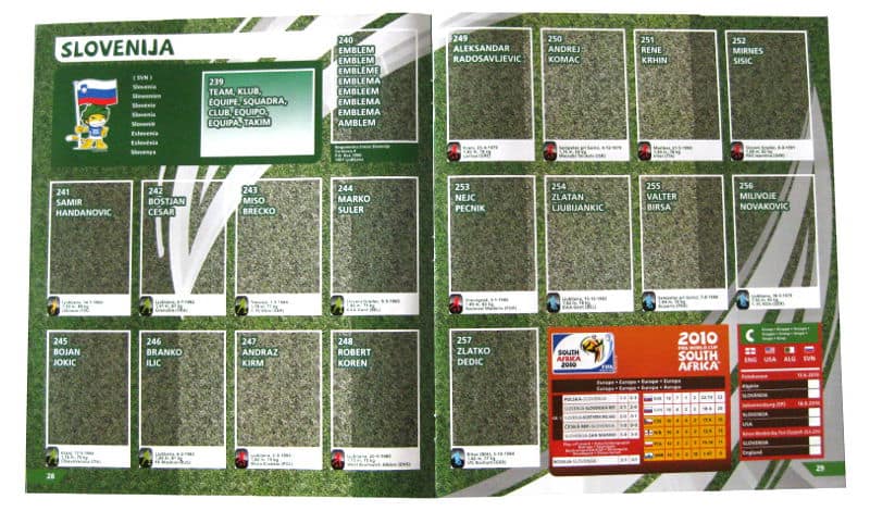 Panini Checkliste WM 2010 Slowenien ohne Sticker