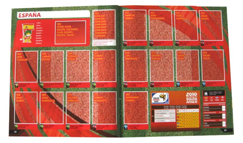Panini Checkliste WM 2010 Spanien ohne Sticker