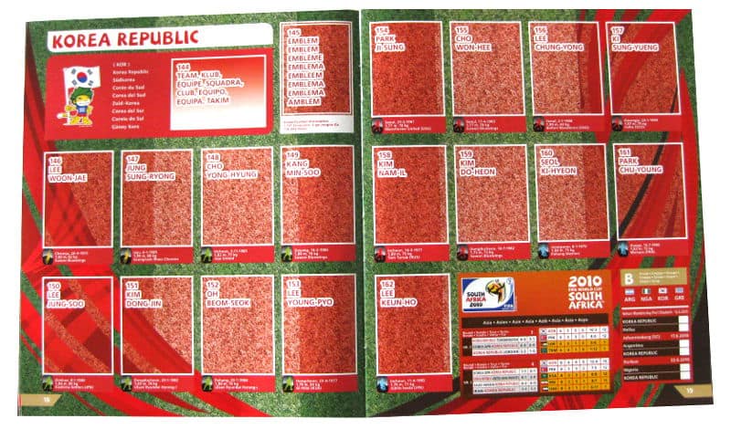 Panini Checkliste WM 2010 Südkorea ohne Sticker