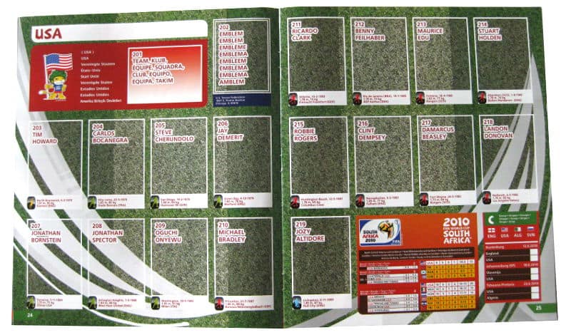 Panini Checkliste WM 2010 USA ohne Sticker